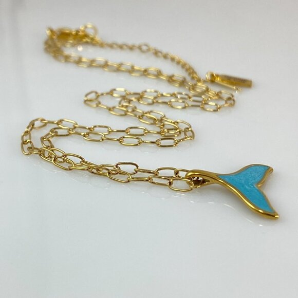 Gold Plated Enamel Whale Tail Pendant Necklace Paperclip Chain Stainless Steel - Picture 8 of 8